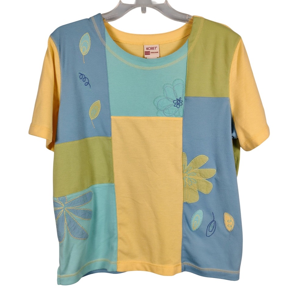 Koret Womens L Patchwork Floral Top Multicolor Cotton Blend Art to Wear Retro